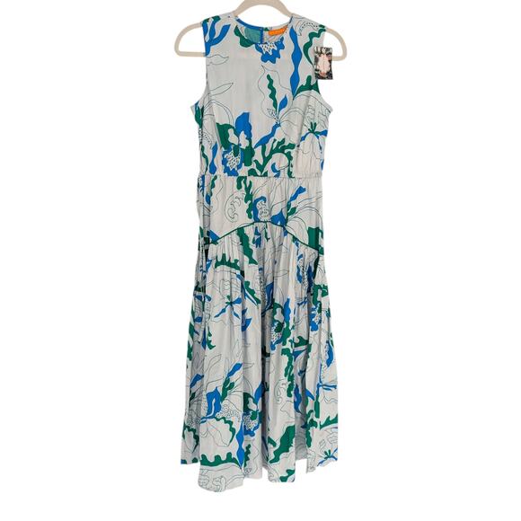 Oliphant Floral Midi Dress Sleeveless Piped Resort XS Blue Green Cotton NWT - Picture 4 of 7